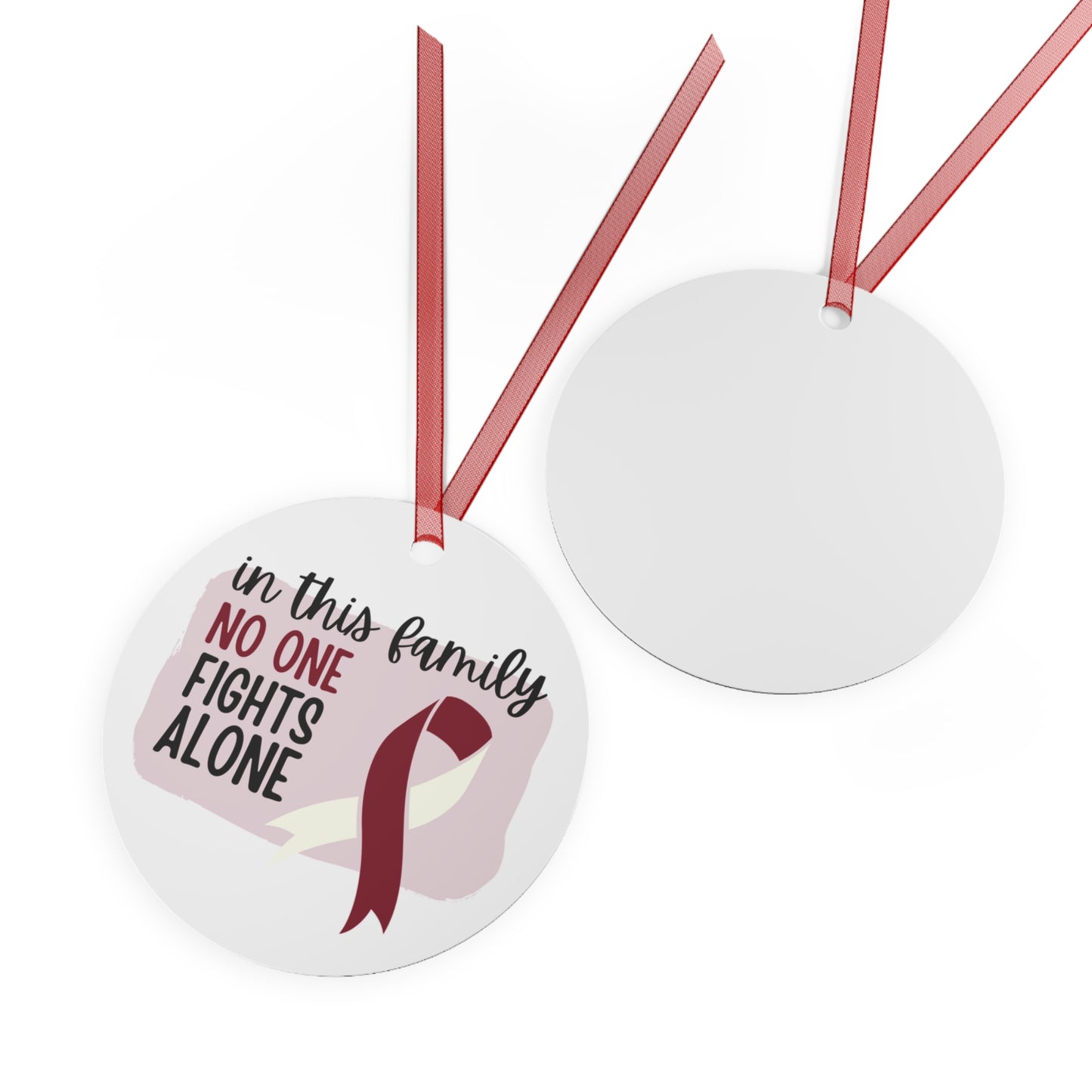 Head and Neck Cancer Ornament - Burgundy and Ivory Ribbon Awareness -In this family no one fights alone - Christmas Decor