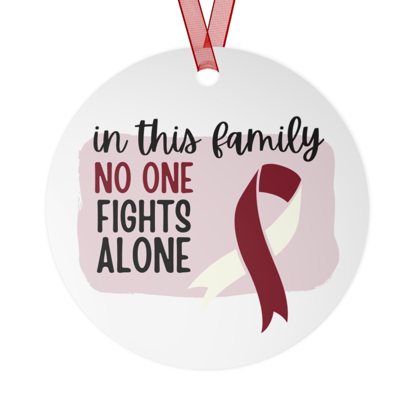 Head and Neck Cancer Ornament - Burgundy and Ivory Ribbon Awareness -In this family no one fights alone - Christmas Decor