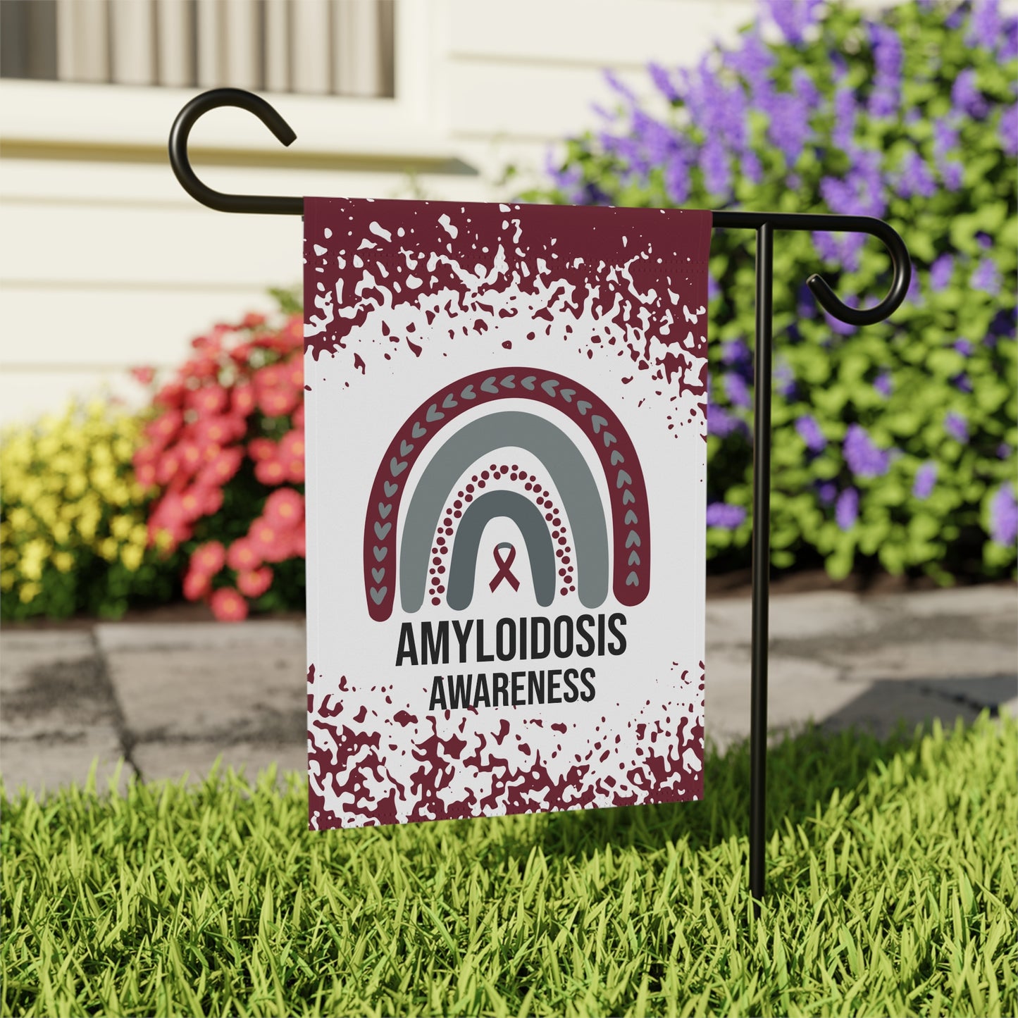 Amyloidosis Awareness Garden Flag | Welcome Sign |  New Home | Decorative House Banner | Burgundy Awareness Ribbon  | Support