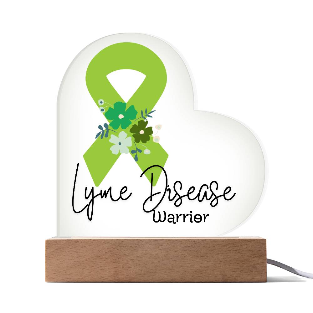 Lyme Disease Warrior Acrylic Heart Plaque Sign | LED Base | Acrylic Night Light | Light Up Sign | Lime Green Awareness