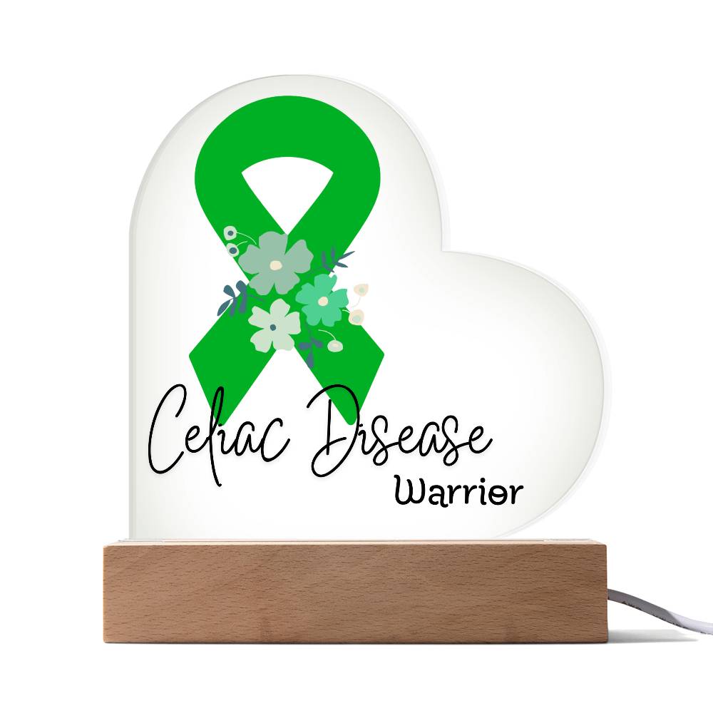 Celiac Disease Warrior Acrylic Heart Plaque Sign | LED Base | Acrylic Night Light | Light Up Sign | Green Awareness Ribbon