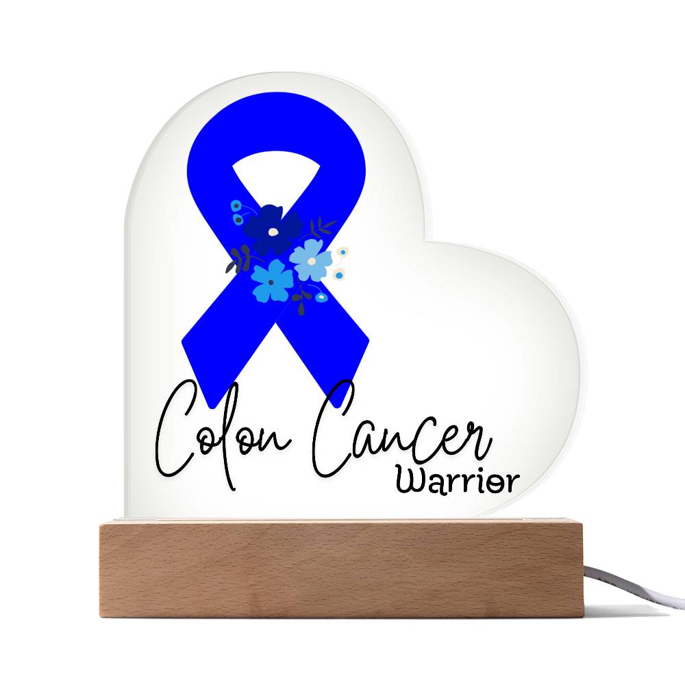 Colon Cancer Warrior Acrylic Heart Plaque Sign | LED Base | Acrylic Night Light | Light Up Sign | Blue Awareness Ribbon