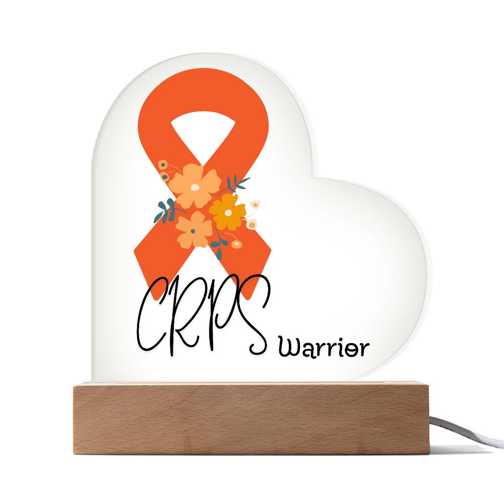 CRPS Warrior Acrylic Heart Plaque Sign | LED Base | Acrylic Night Light | Light Up Sign | Orange Awareness Ribbon