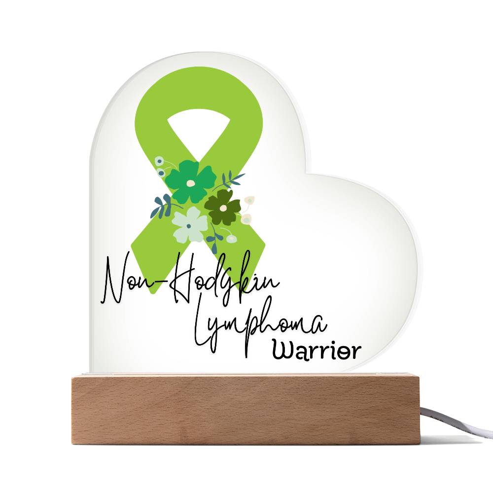Non Hodgkin Lymphoma Warrior Acrylic Heart Plaque Sign | LED Base | Acrylic Night Light | Light Up Sign | Green Awareness Ribbon