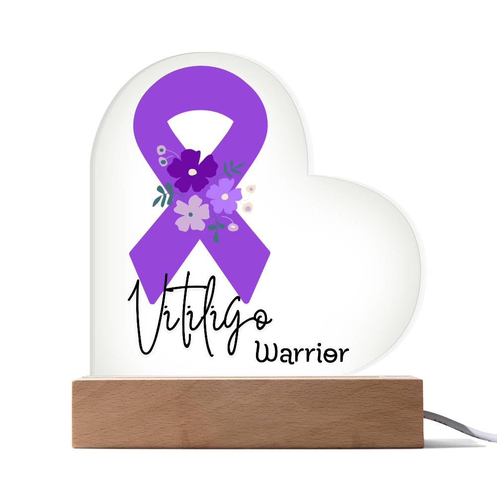 Vitiligo Warrior Acrylic Heart Plaque Sign | LED Base | Acrylic Night Light | Light Up Sign | Purple Awareness Ribbon