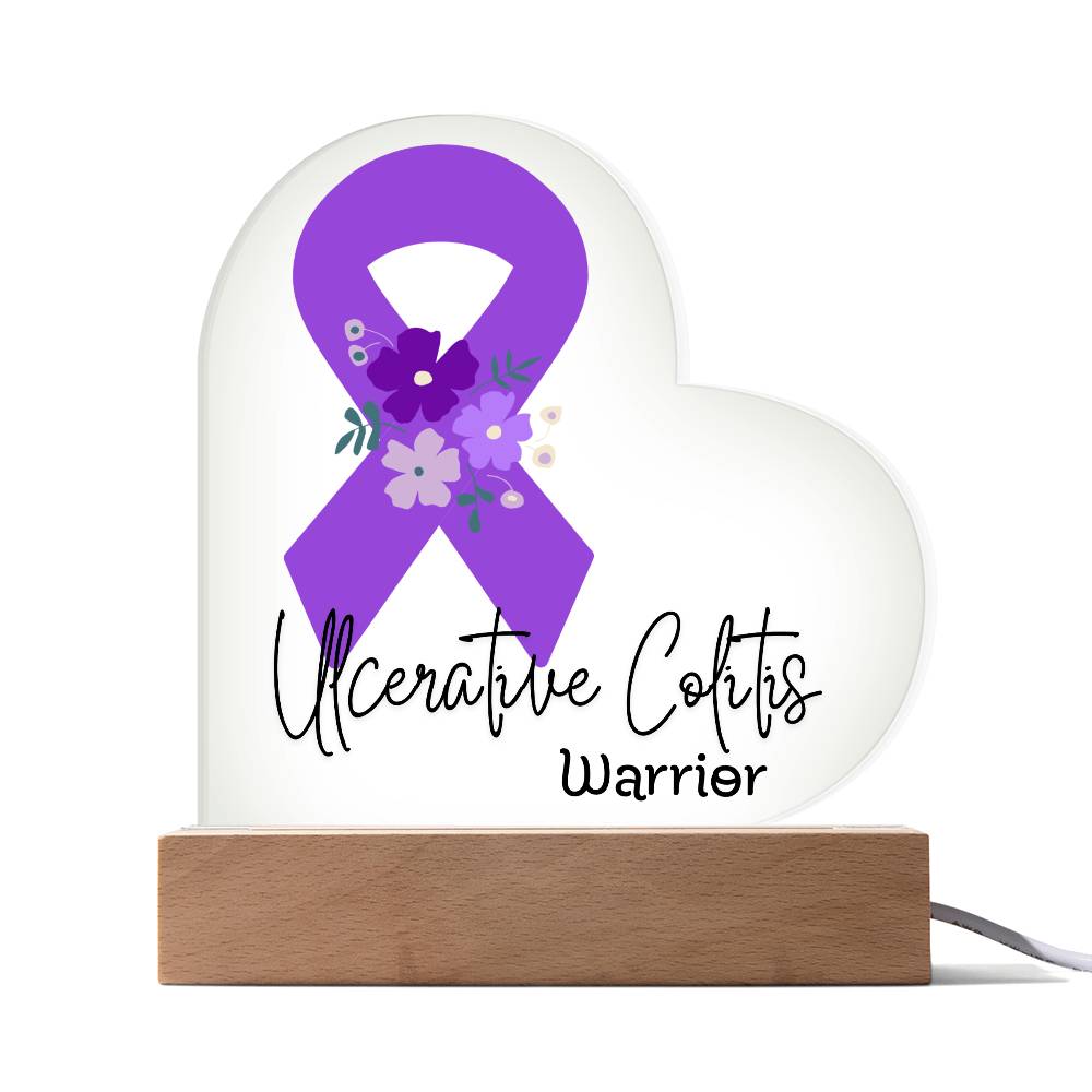 Ulcerative Colitis Warrior Acrylic Heart Plaque Sign | LED Base | Acrylic Night Light | Light Up Sign | Purple Awareness Ribbon