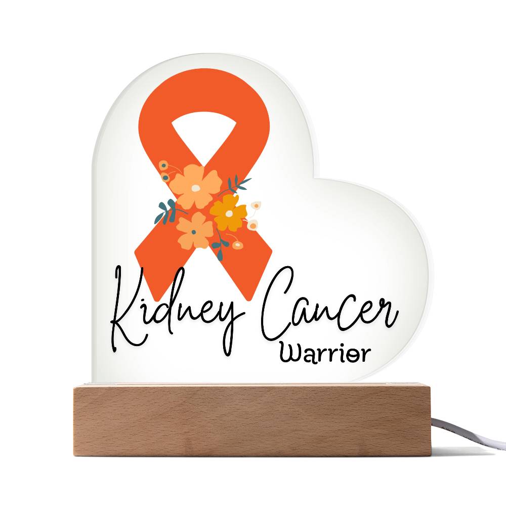 Kidney Cancer Warrior Acrylic Heart Plaque Sign | LED Base | Acrylic Night Light | Light Up Sign | Orange Awareness Ribbon