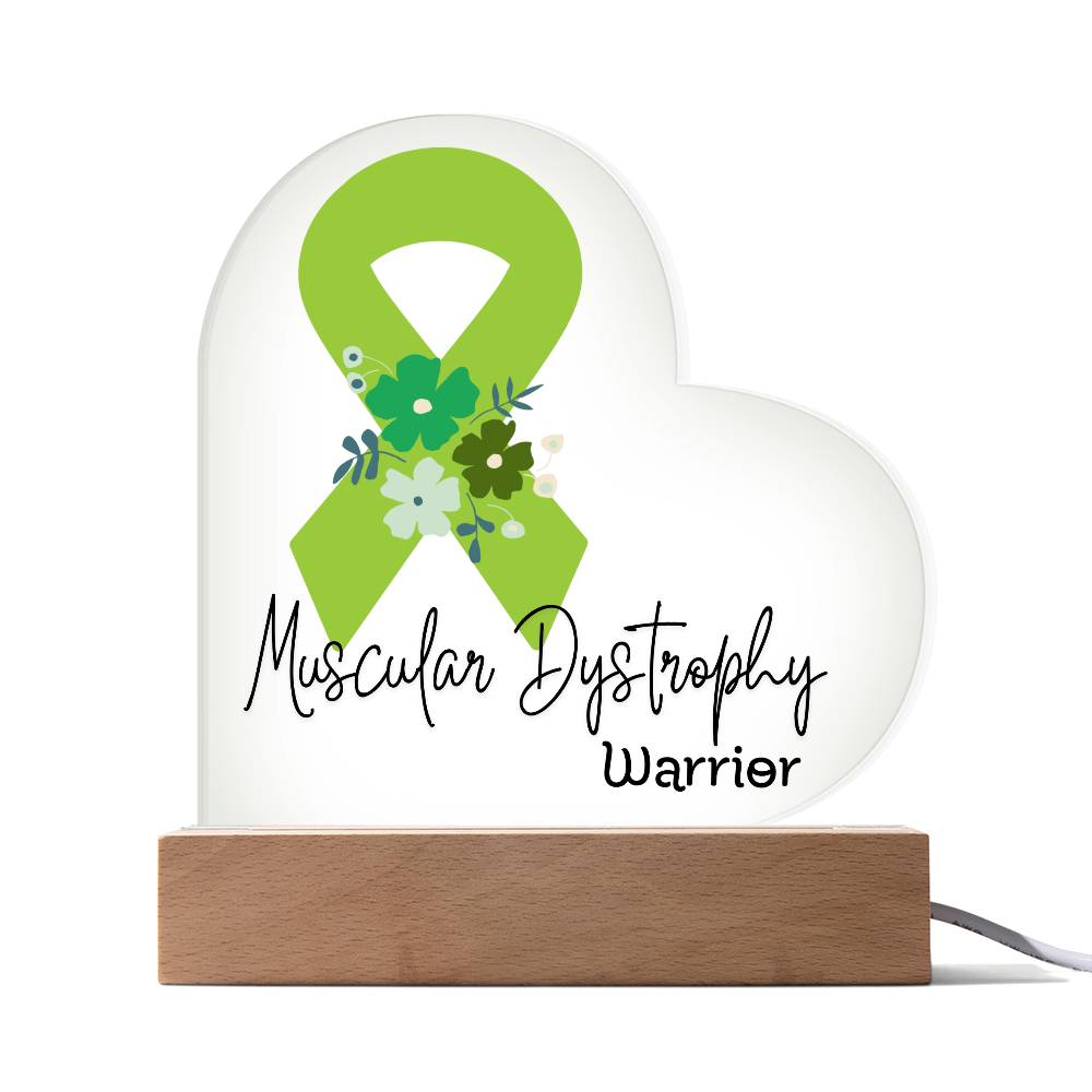 Muscular Dystrophy Warrior Acrylic Heart Plaque Sign | LED Base | Acrylic Night Light | Light Up Sign | Lime Green Awareness Ribbon
