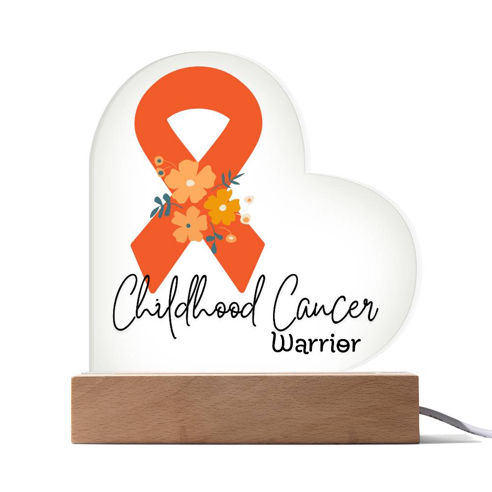 Childhood Cancer Warrior Acrylic Heart Plaque Sign | LED Base | Acrylic Night Light | Light Up Sign | Orange Awareness Ribbon