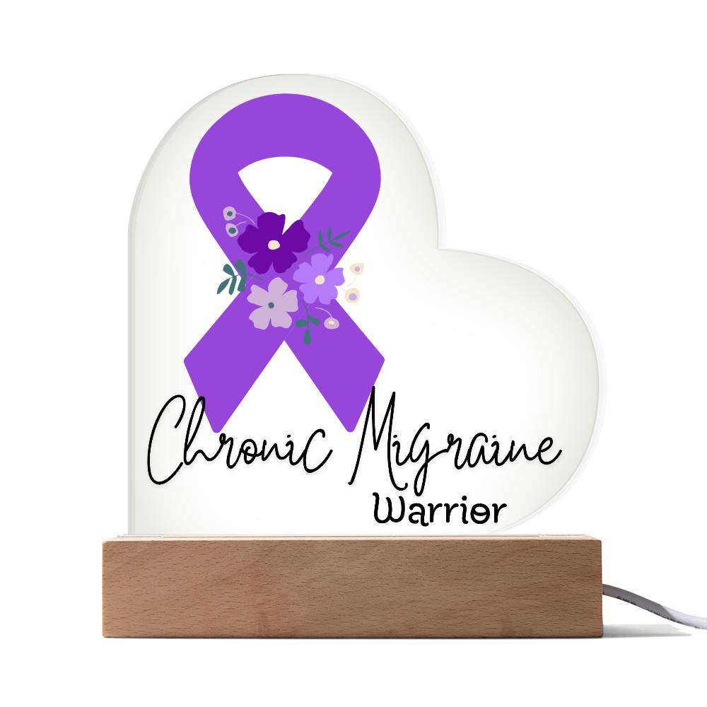 Chronic Migraine Warrior Acrylic Heart Plaque Sign | LED Base | Acrylic Night Light | Light Up Sign | Purple Awareness Ribbon