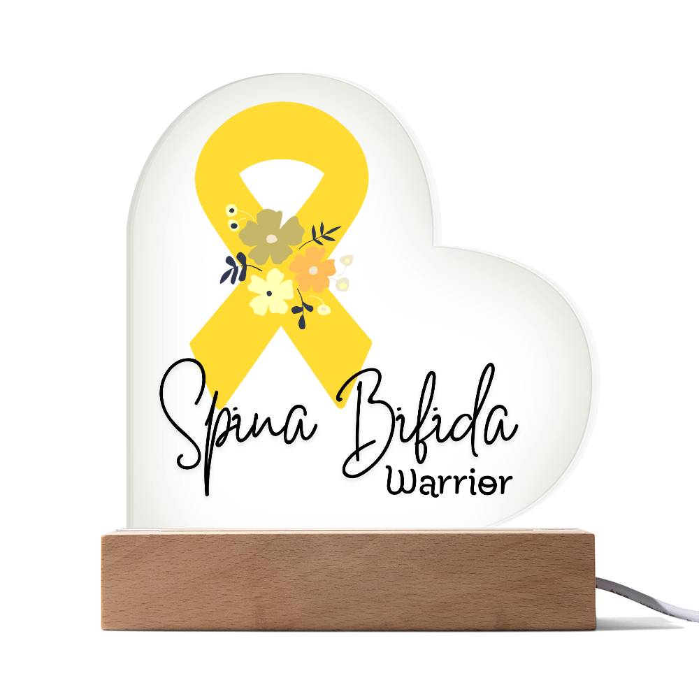Spina Bifida Warrior Acrylic Heart Plaque Sign | LED Base | Acrylic Night Light | Light Up Sign | Yellow Awareness Ribbon
