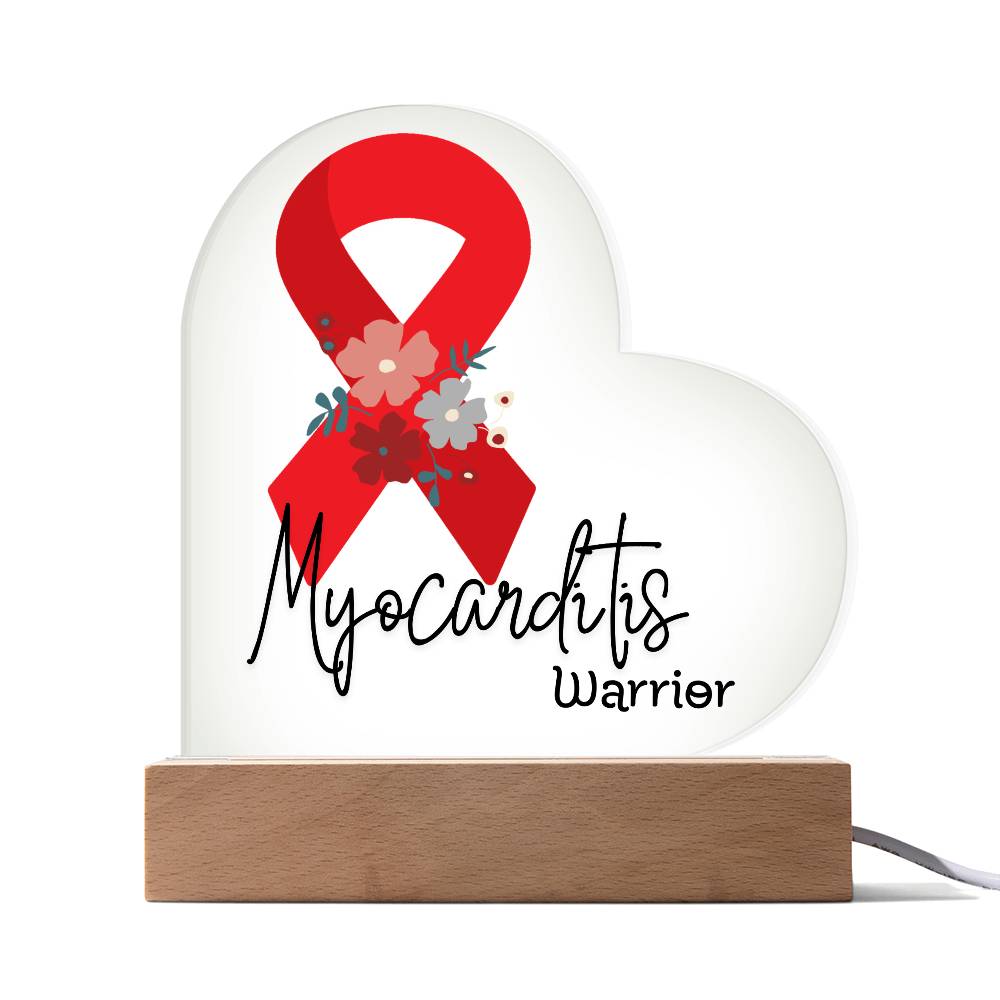 Myocarditis Warrior Acrylic Heart Plaque Sign | LED Base | Acrylic Night Light | Light Up Sign | Red Awareness Ribbon