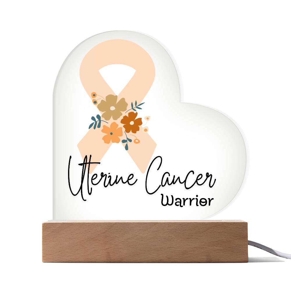 Uterine Cancer Warrior Acrylic Heart Plaque Sign | LED Base | Acrylic Night Light | Light Up Sign | Peach Awareness Ribbon
