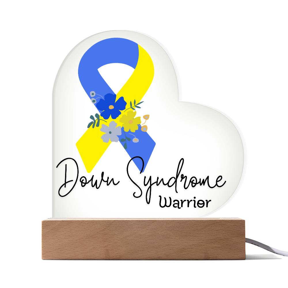 Down Syndrome Warrior Acrylic Heart Plaque Sign | LED Base | Acrylic Night Light | Light Up Sign | Blue & Yellow Awareness Ribbon