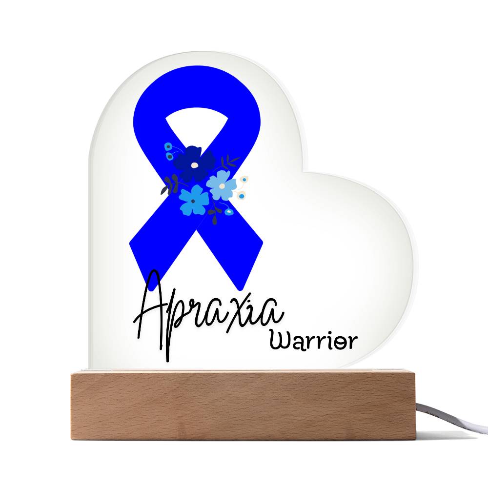 Apraxia Warrior Acrylic Heart Plaque Sign | LED Base | Acrylic Night Light | Light Up Sign | Blue Awareness Ribbon
