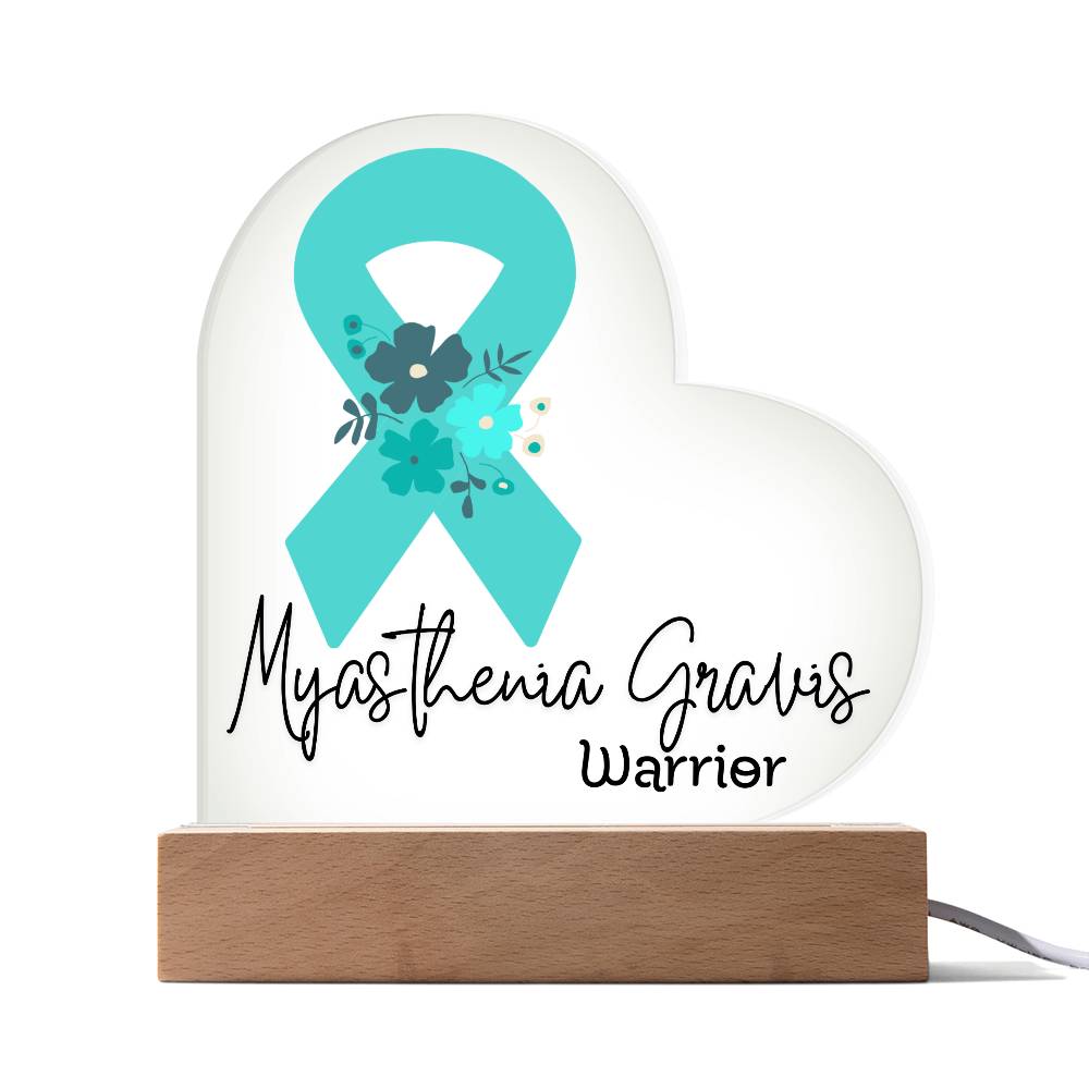 Myasthenia Gravis Warrior Acrylic Heart Plaque Sign | LED Base | Acrylic Night Light | Light Up Sign | Teal Awareness Ribbon