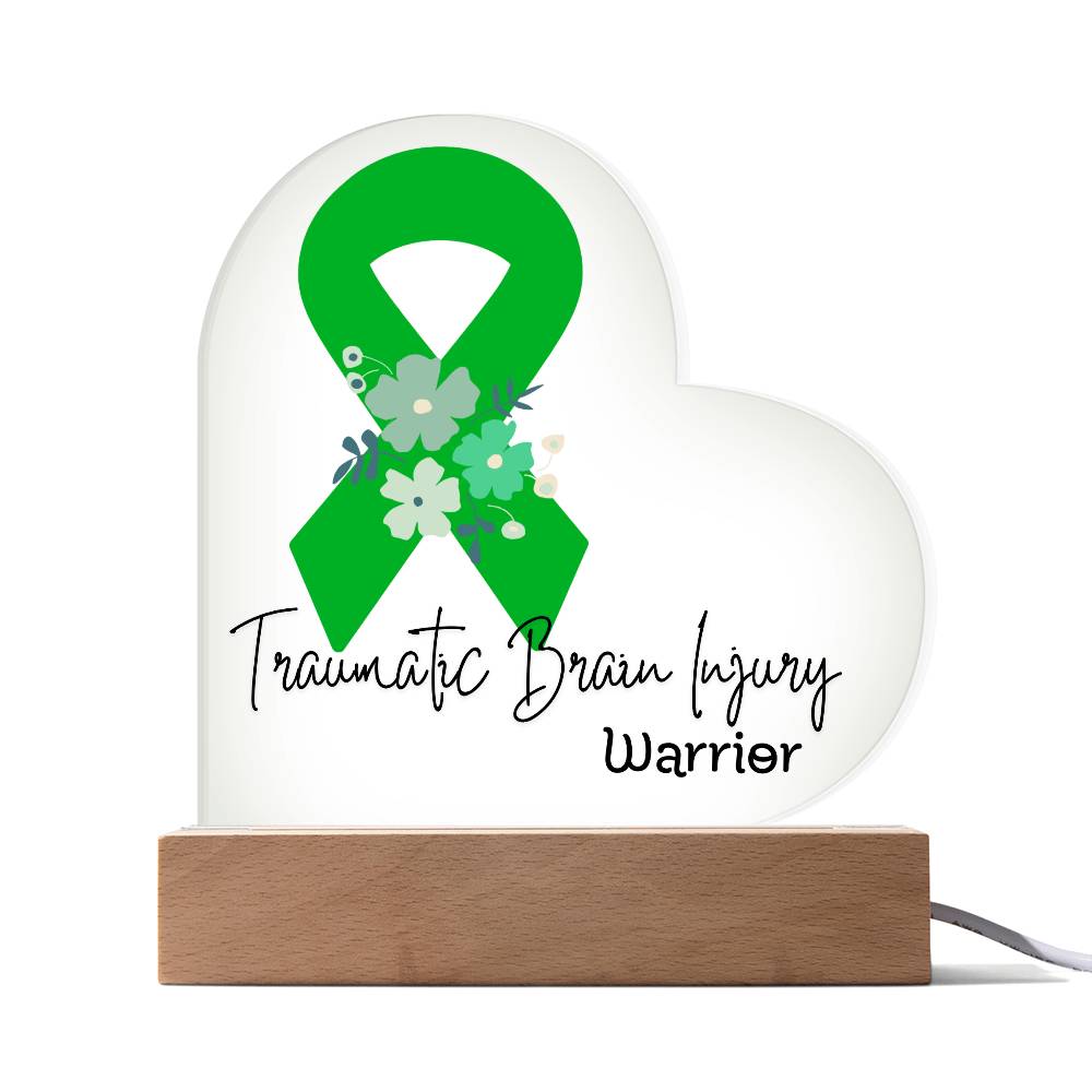 Traumatic Brain Injury Warrior Acrylic Heart Plaque Sign | LED Base | Acrylic Night Light | Light Up Sign | Green Awareness Ribbon
