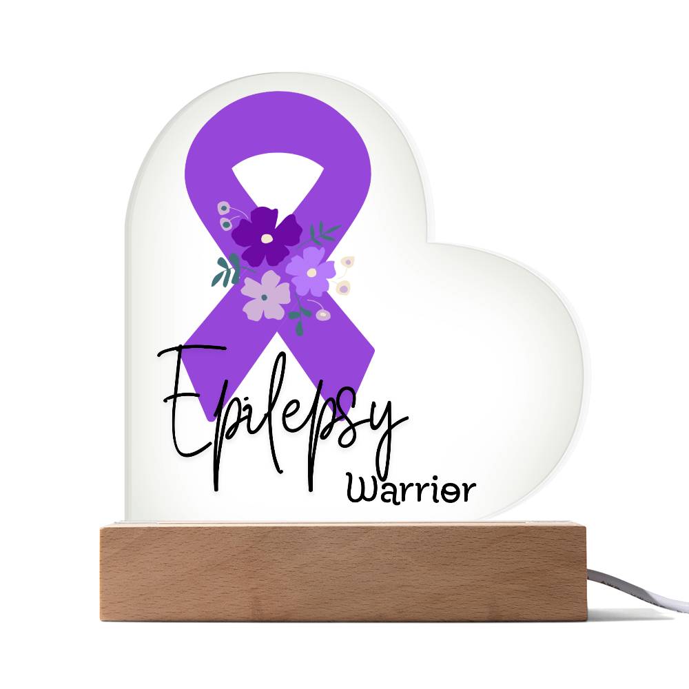 Epilepsy Warrior Acrylic Heart Plaque Sign | LED Base | Acrylic Night Light | Light Up Sign | Purple Awareness Ribbon