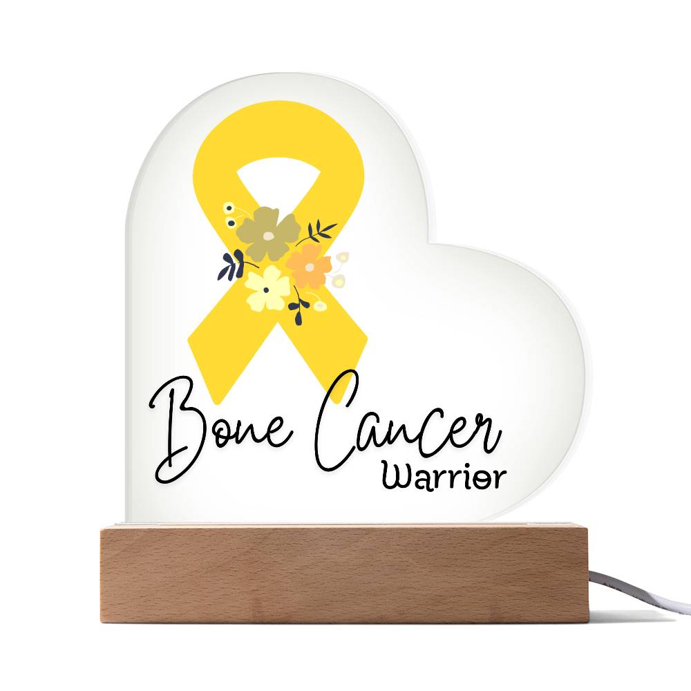 Bone Cancer Warrior Acrylic Heart Plaque Sign | LED Base | Acrylic Night Light | Light Up Sign | Yellow Awareness Ribbon