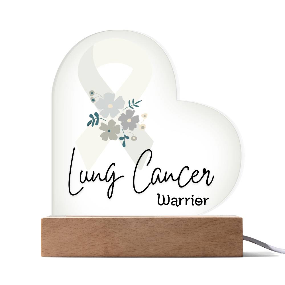 Lung Cancer Warrior Acrylic Heart Plaque Sign | LED Base | Acrylic Night Light | Light Up Sign | White Awareness Ribbon