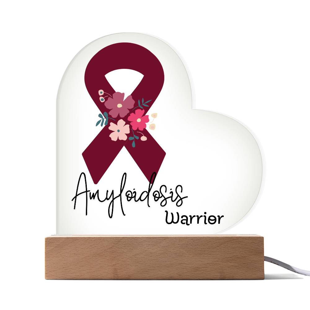 Amyloidosis Warrior Acrylic Heart Plaque Sign | LED Base | Acrylic Night Light | Light Up Sign | Burgundy Awareness Ribbon