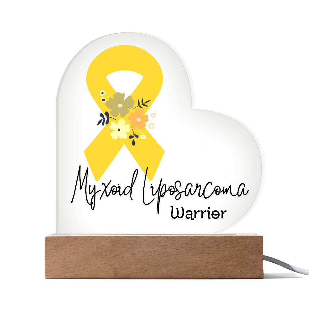 Myxoid Liposarcoma Warrior Acrylic Heart Plaque Sign | LED Base | Acrylic Night Light | Light Up Sign | Yellow Awareness Ribbon