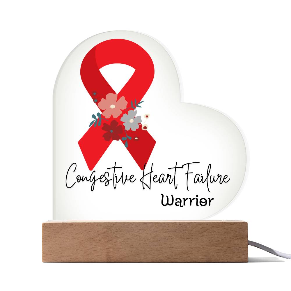 Congestive Heart Failure Warrior Acrylic Heart Plaque Sign | LED Base | Acrylic Night Light | Light Up Sign | Red Awareness Ribbon