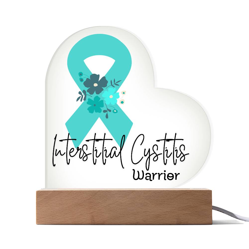 Interstitial Cystitis Warrior Acrylic Heart Plaque Sign | LED Base | Acrylic Night Light | Light Up Sign | Teal Awareness Ribbon