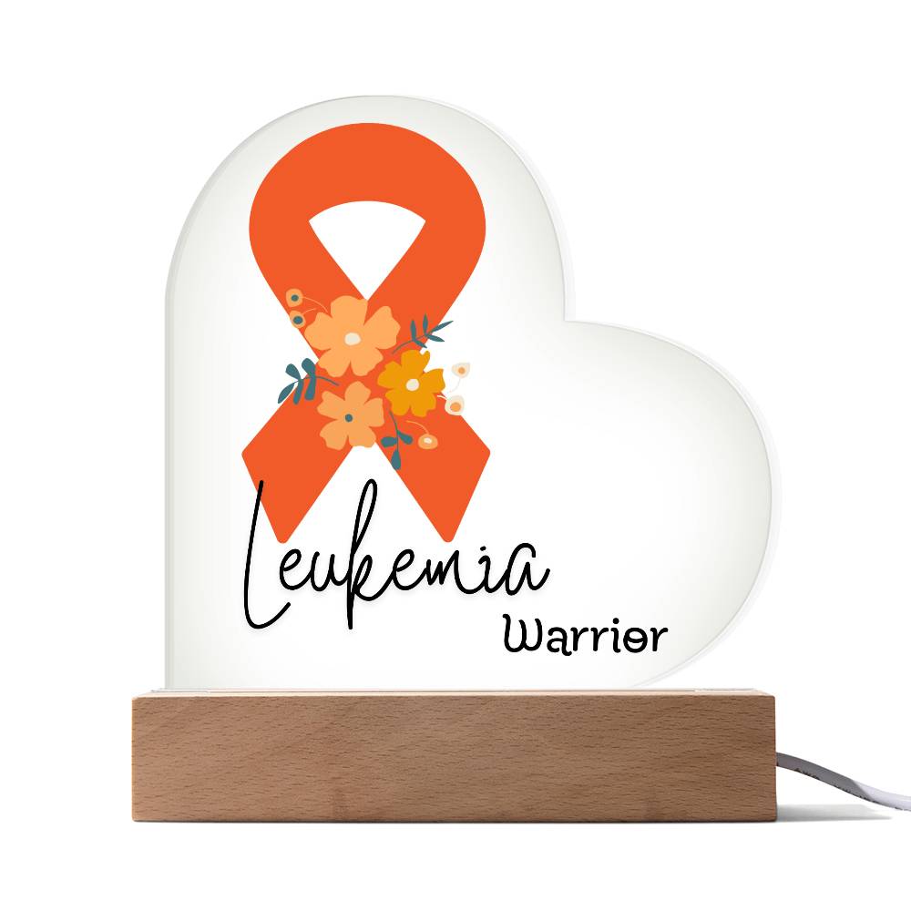 Leukemia Warrior Acrylic Heart Plaque Sign | LED Base | Acrylic Night Light | Light Up Sign | Orange Awareness Ribbon