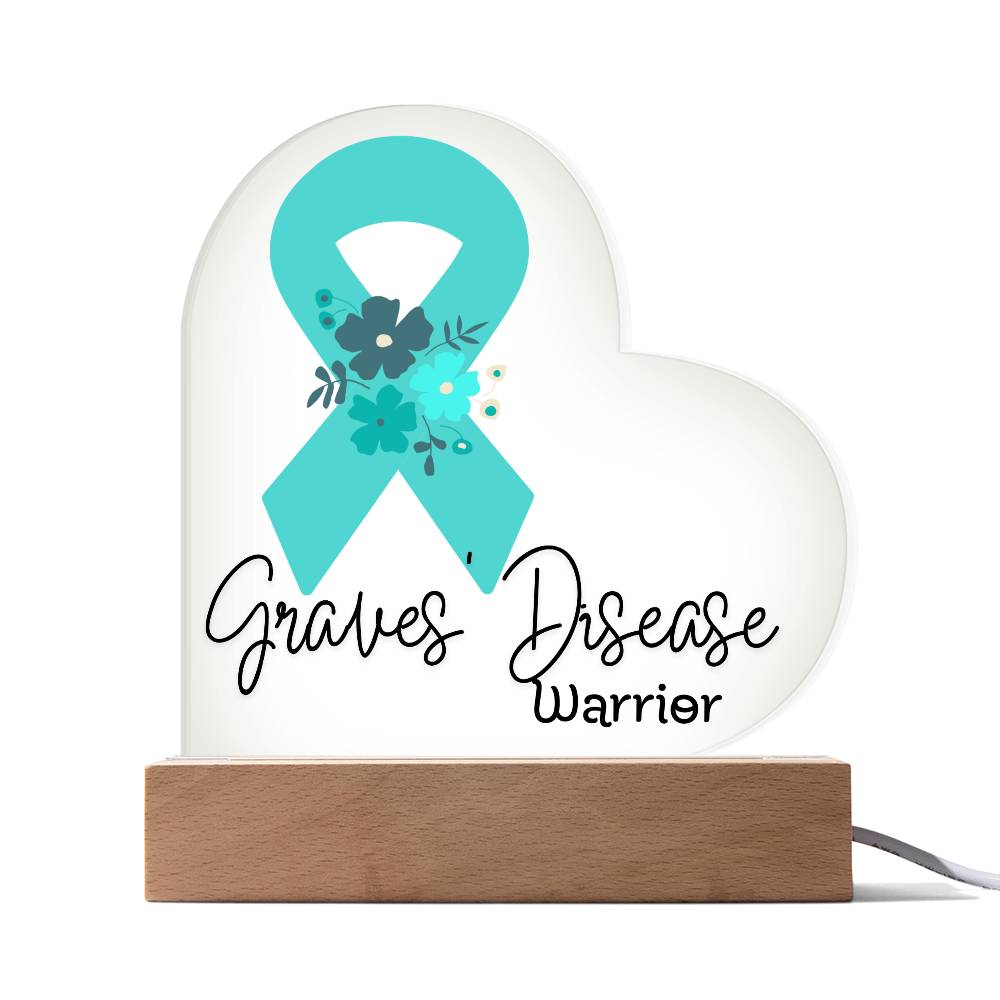 Graves Disease Warrior Acrylic Heart Plaque Sign | LED Base | Acrylic Night Light | Light Up Sign | Teal Awareness Ribbon