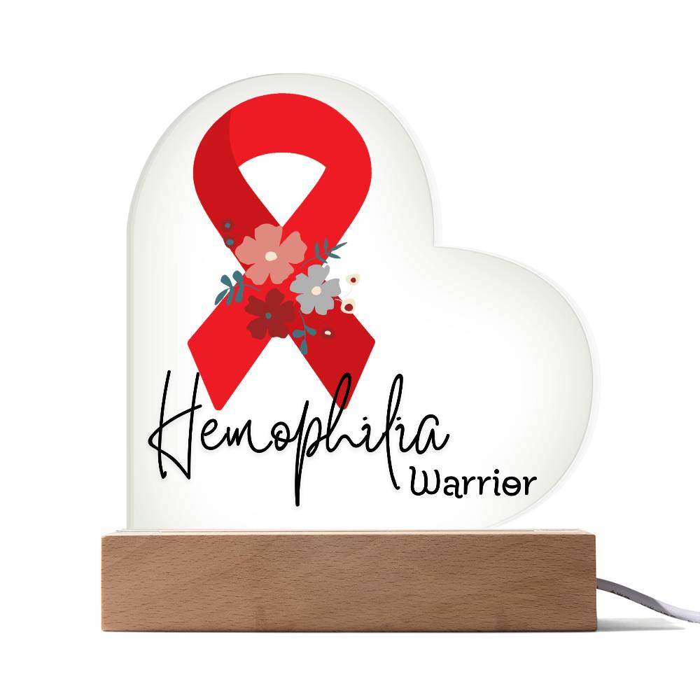 Hemophilia Warrior Acrylic Heart Plaque Sign | LED Base | Acrylic Night Light | Light Up Sign | Red Awareness Ribbon