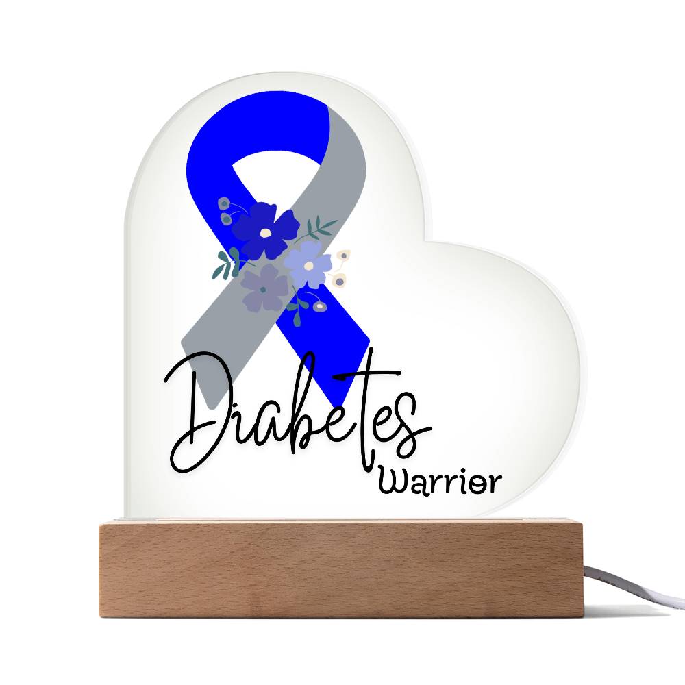 Diabetes Warrior Acrylic Heart Plaque Sign | LED Base | Acrylic Night Light | Light Up Sign | Blue and Gray Awareness Ribbon