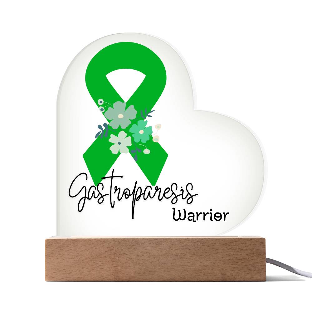 Gastroparesis Warrior Acrylic Heart Plaque Sign | LED Base | Acrylic Night Light | Light Up Sign | Green Awareness Ribbon
