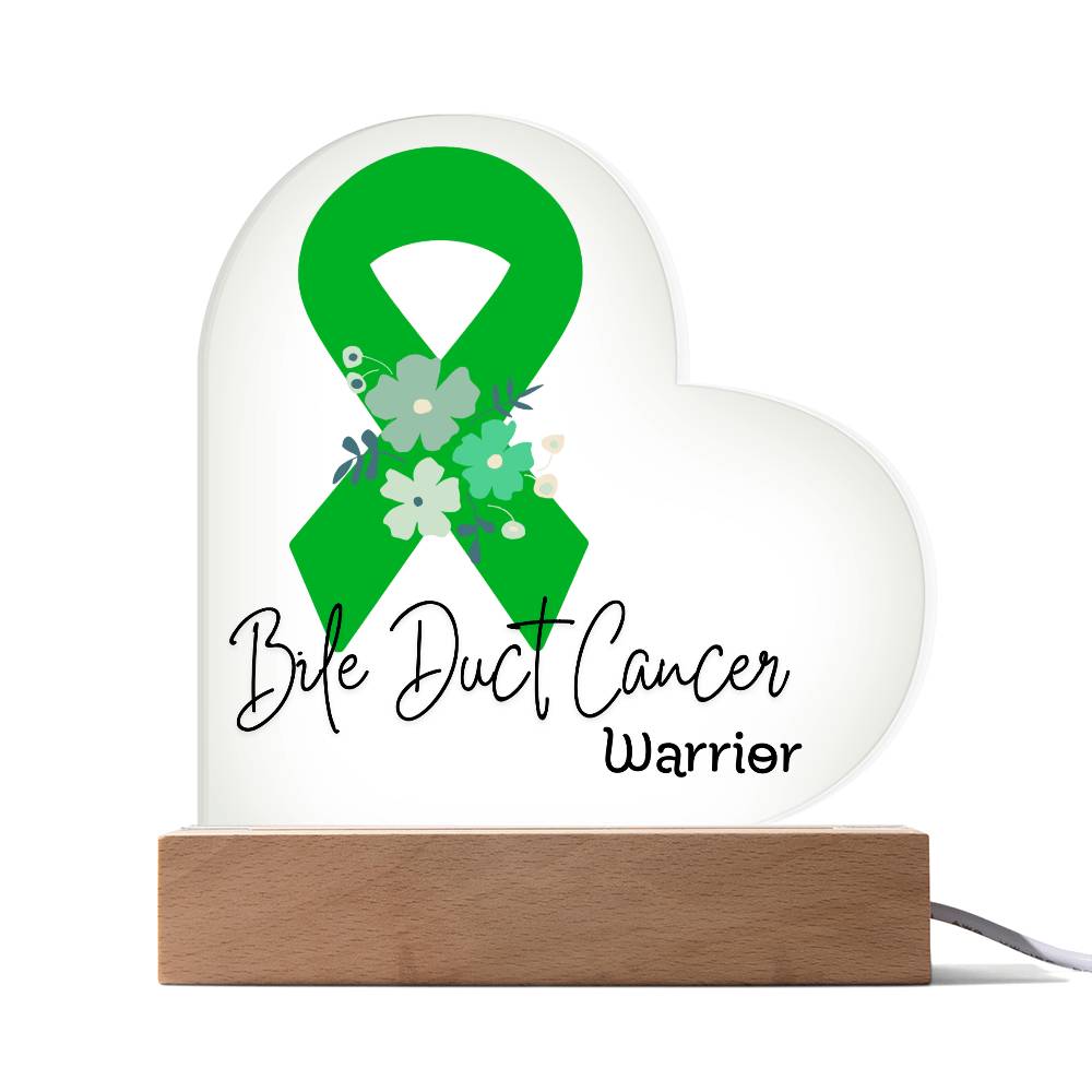 Bile Duct Cancer Warrior Acrylic Heart Plaque Sign | LED Base | Acrylic Night Light | Light Up Sign | Green Awareness Ribbon