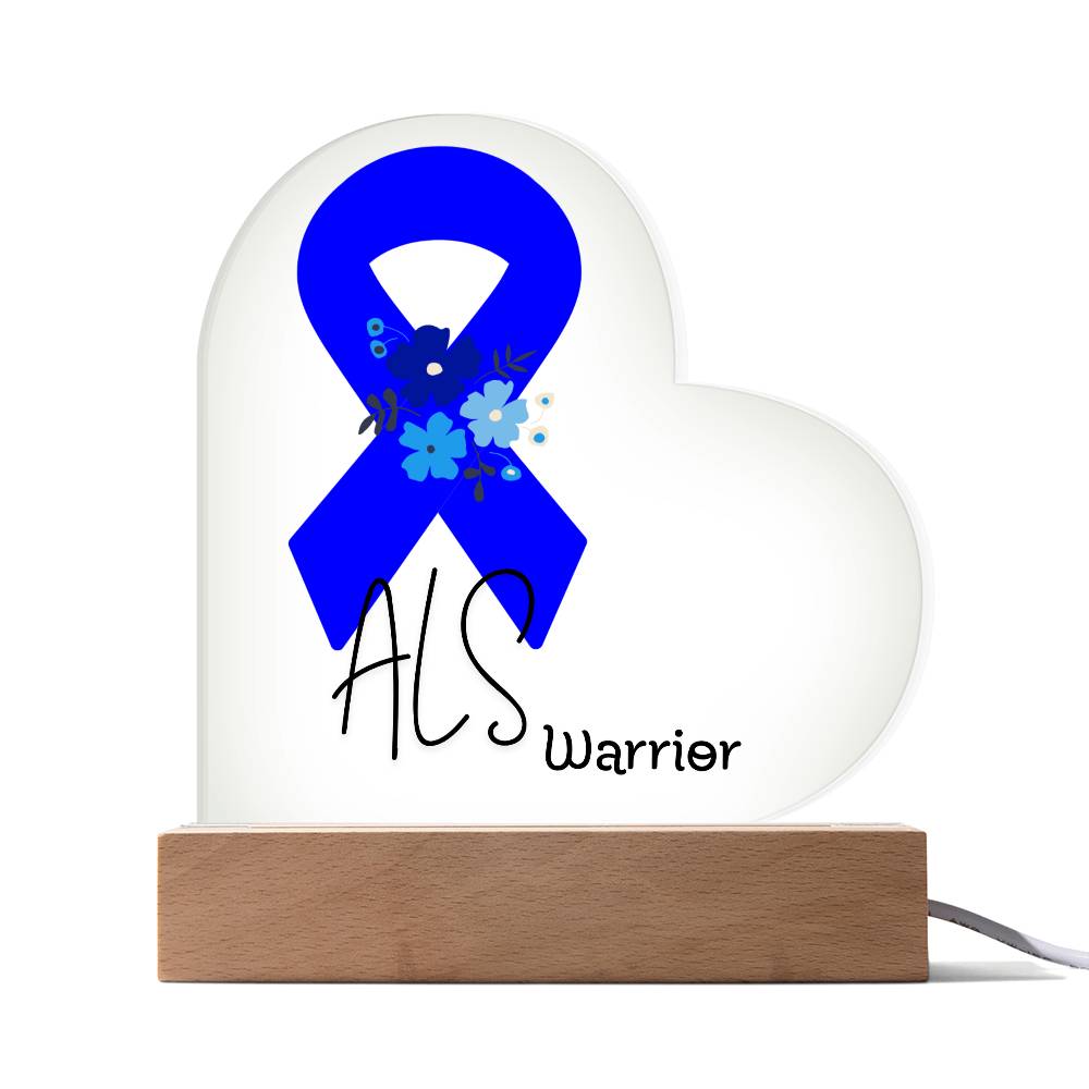 ALS Warrior Acrylic Heart Plaque Sign | LED Base | Acrylic Night Light | Light Up Sign | Blue Awareness Ribbon