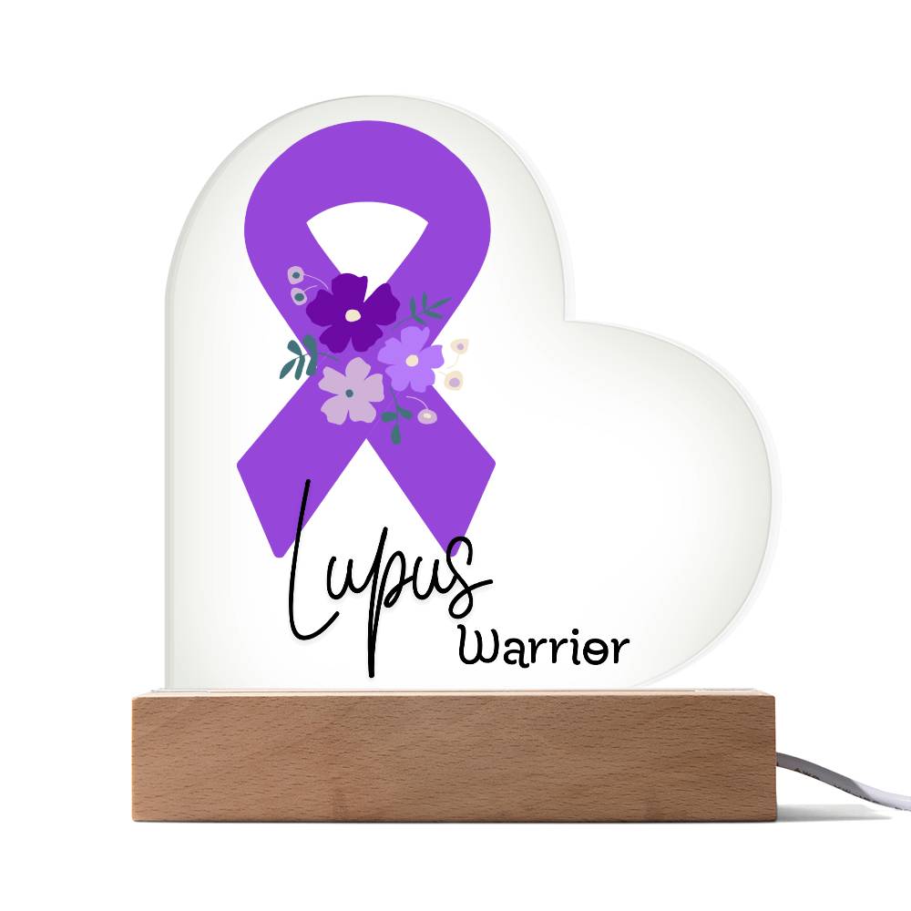 Lupus Warrior Acrylic Heart Plaque Sign | LED Base | Acrylic Night Light | Light Up Sign | Purple Awareness Ribbon