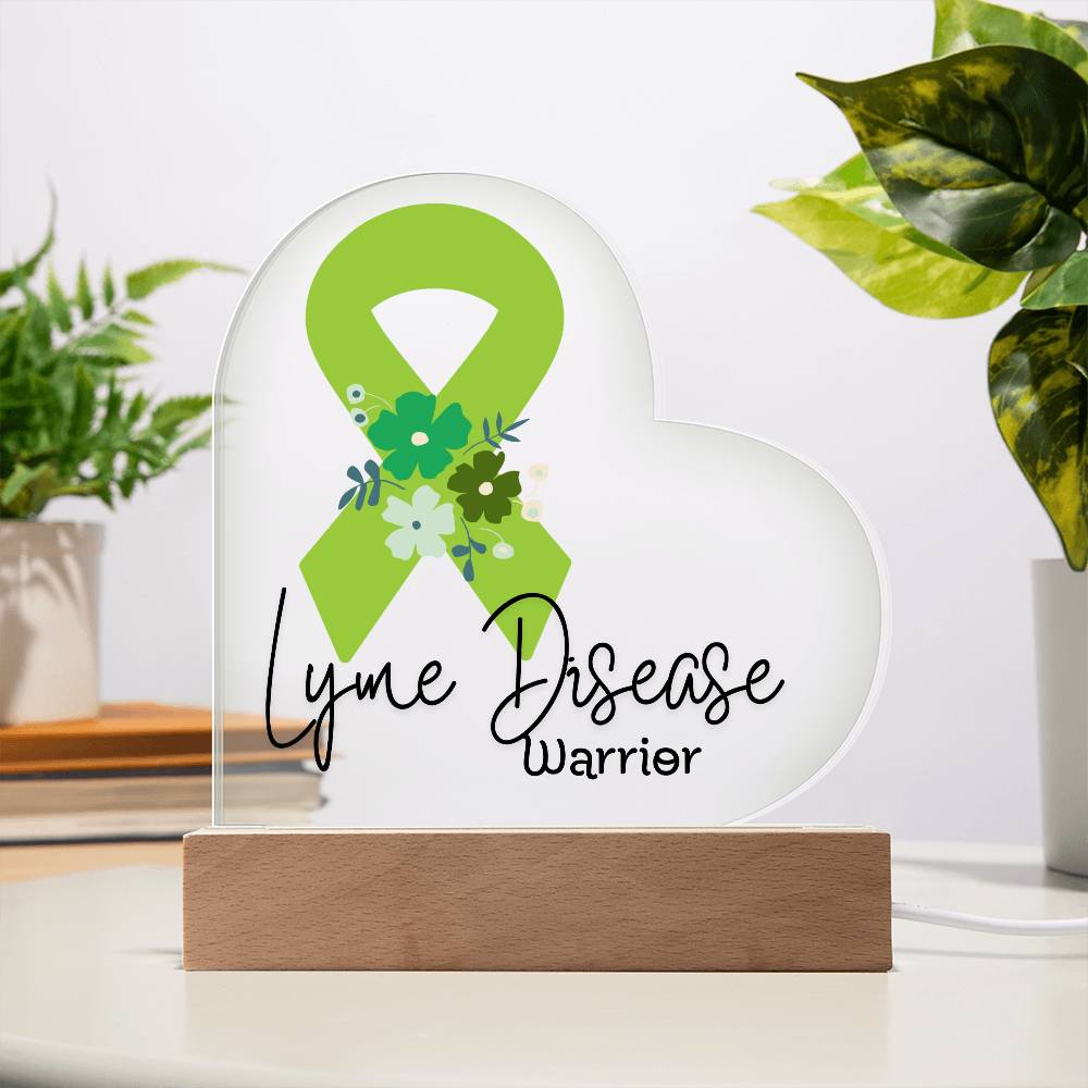 Lyme Disease Warrior Acrylic Heart Plaque Sign | LED Base | Acrylic Night Light | Light Up Sign | Lime Green Awareness