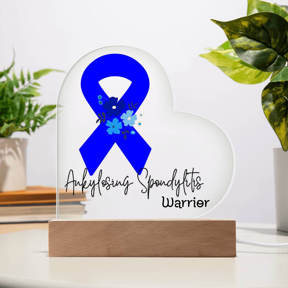 Ankylosing Spondylitis Warrior Acrylic Heart Plaque Sign | LED Base | Acrylic Night Light | Light Up Sign | Blue Awareness Ribbon