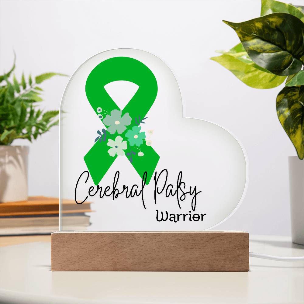 Cerebral Palsy Warrior Acrylic Heart Plaque Sign | LED Base | Acrylic Night Light | Light Up Sign | Green Awareness Ribbon