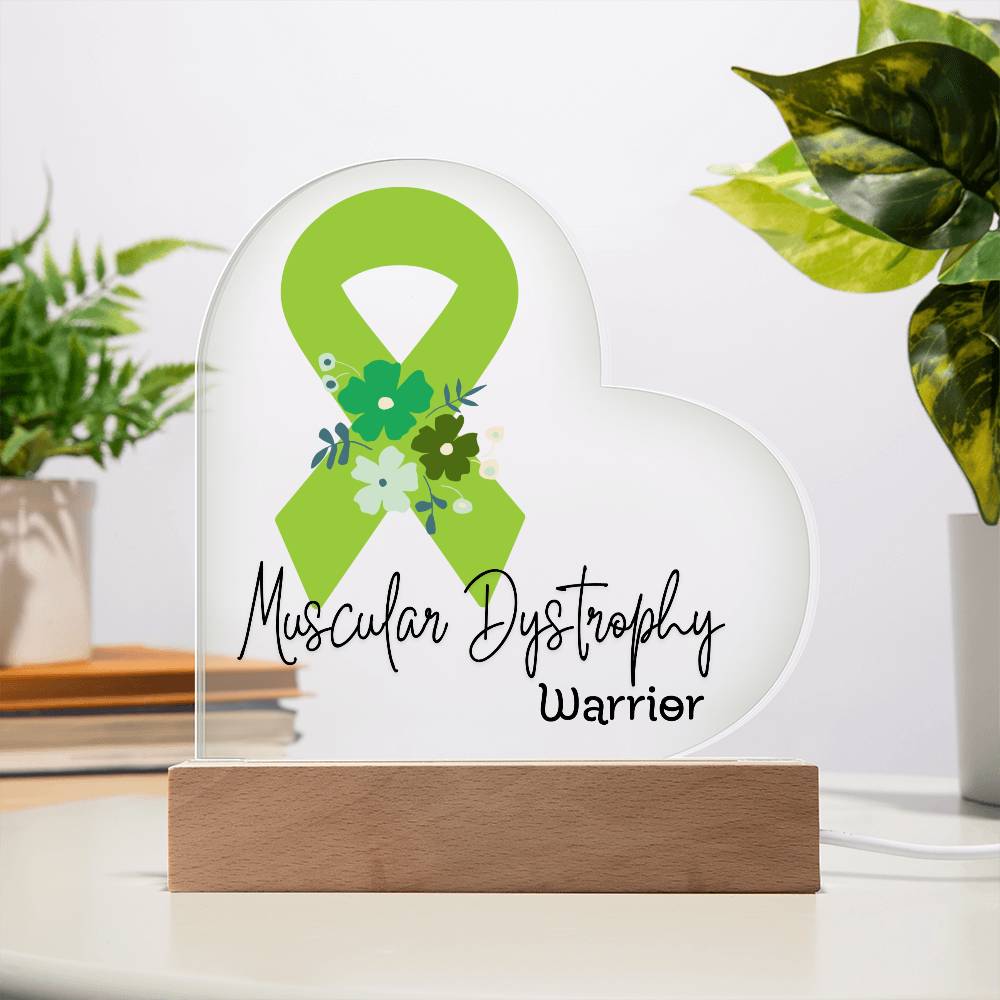 Muscular Dystrophy Warrior Acrylic Heart Plaque Sign | LED Base | Acrylic Night Light | Light Up Sign | Lime Green Awareness Ribbon