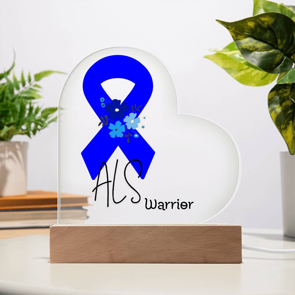 ALS Warrior Acrylic Heart Plaque Sign | LED Base | Acrylic Night Light | Light Up Sign | Blue Awareness Ribbon