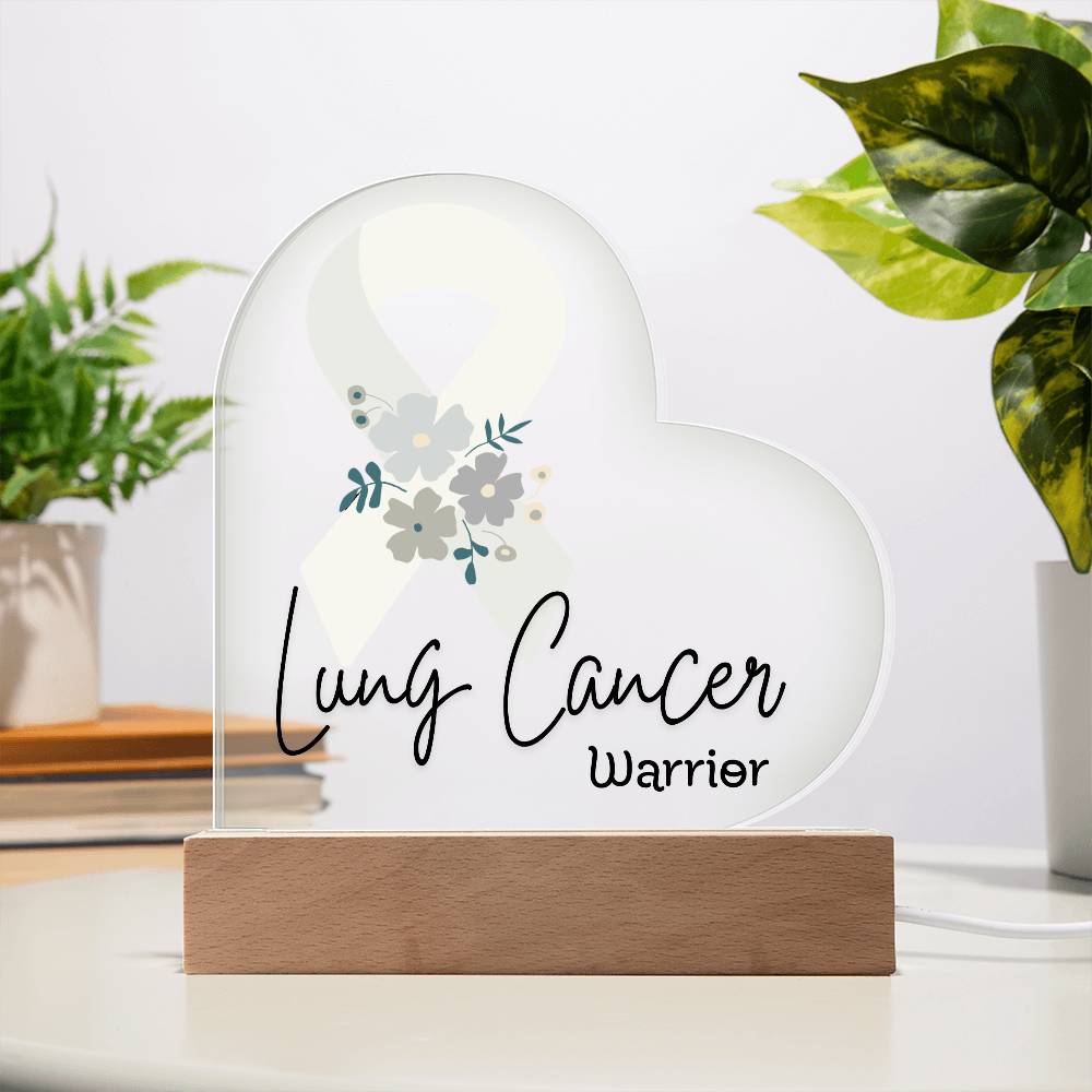 Lung Cancer Warrior Acrylic Heart Plaque Sign | LED Base | Acrylic Night Light | Light Up Sign | White Awareness Ribbon
