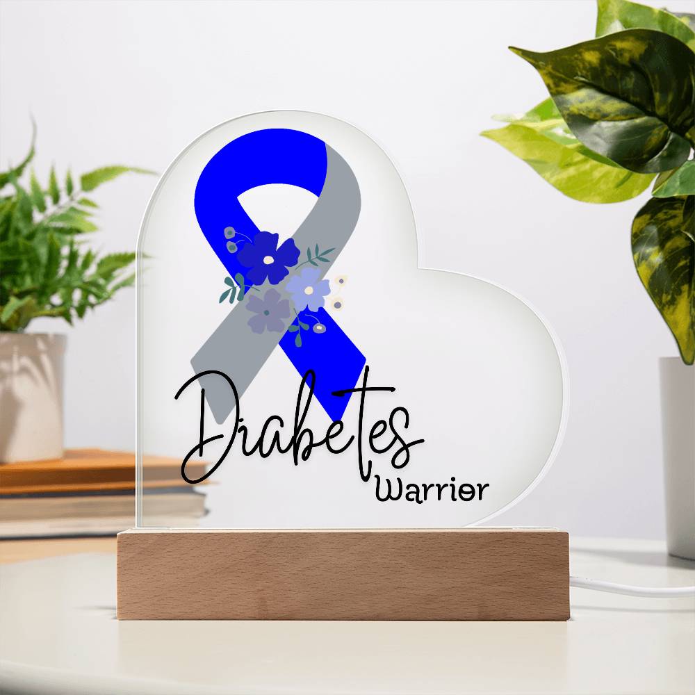 Diabetes Warrior Acrylic Heart Plaque Sign | LED Base | Acrylic Night Light | Light Up Sign | Blue and Gray Awareness Ribbon