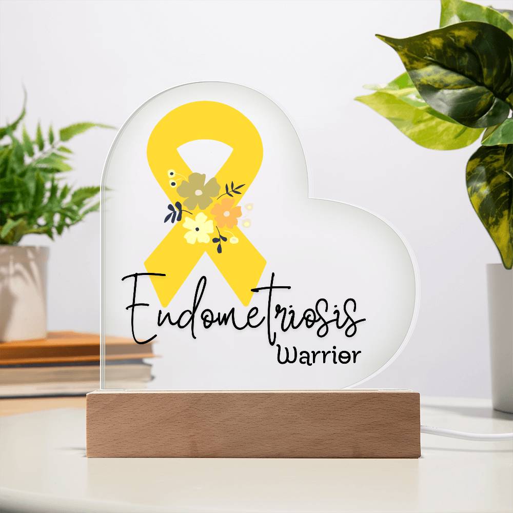 Endometriosis Warrior Acrylic Heart Plaque Sign | LED Base | Acrylic Night Light | Light Up Sign | Yellow Awareness Ribbon