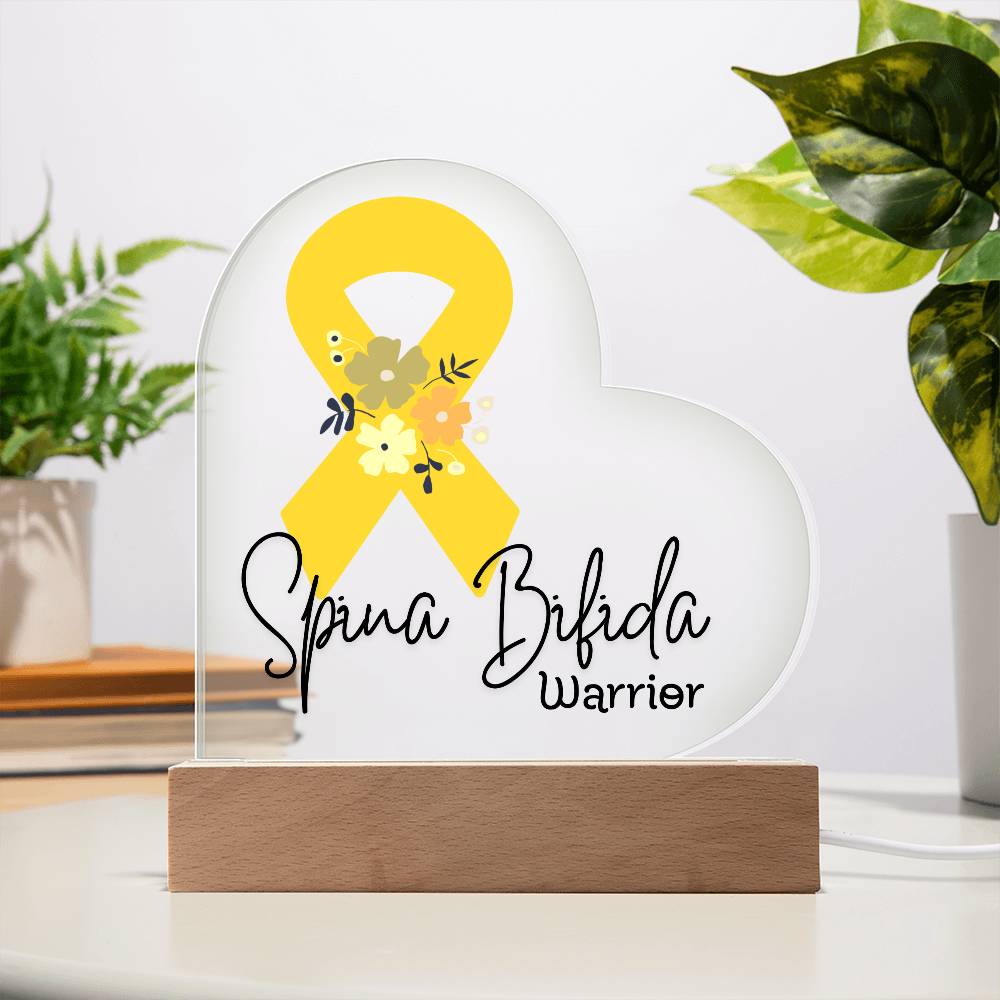 Spina Bifida Warrior Acrylic Heart Plaque Sign | LED Base | Acrylic Night Light | Light Up Sign | Yellow Awareness Ribbon