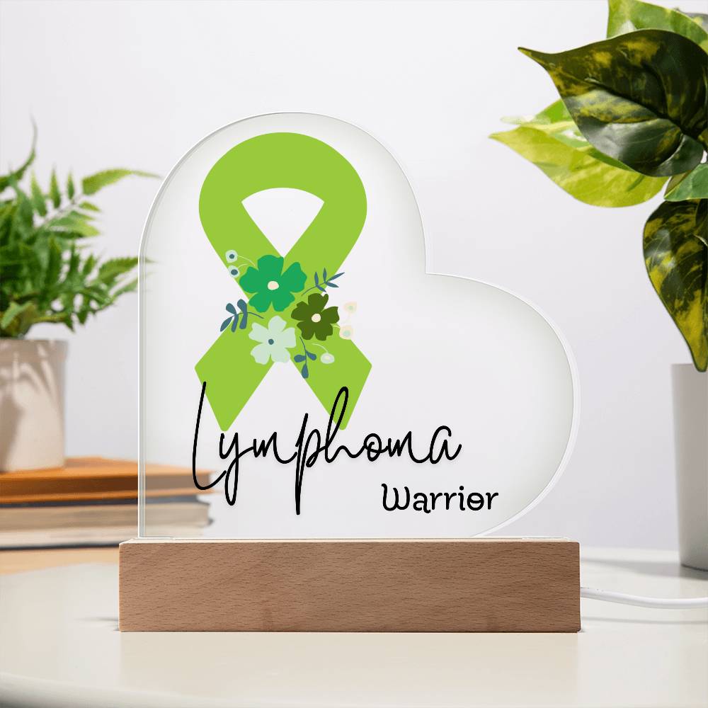 Lymphoma Warrior Acrylic Heart Plaque Sign | LED Base | Acrylic Night Light | Light Up Sign | Lime Green Awareness Ribbon