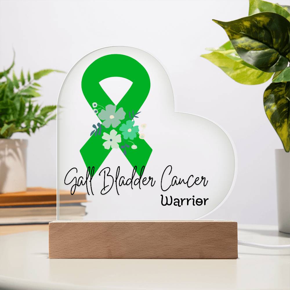 Gall Bladder Cancer Warrior Acrylic Heart Plaque Sign | LED Base | Acrylic Night Light | Light Up Sign | Green Awareness Ribbon