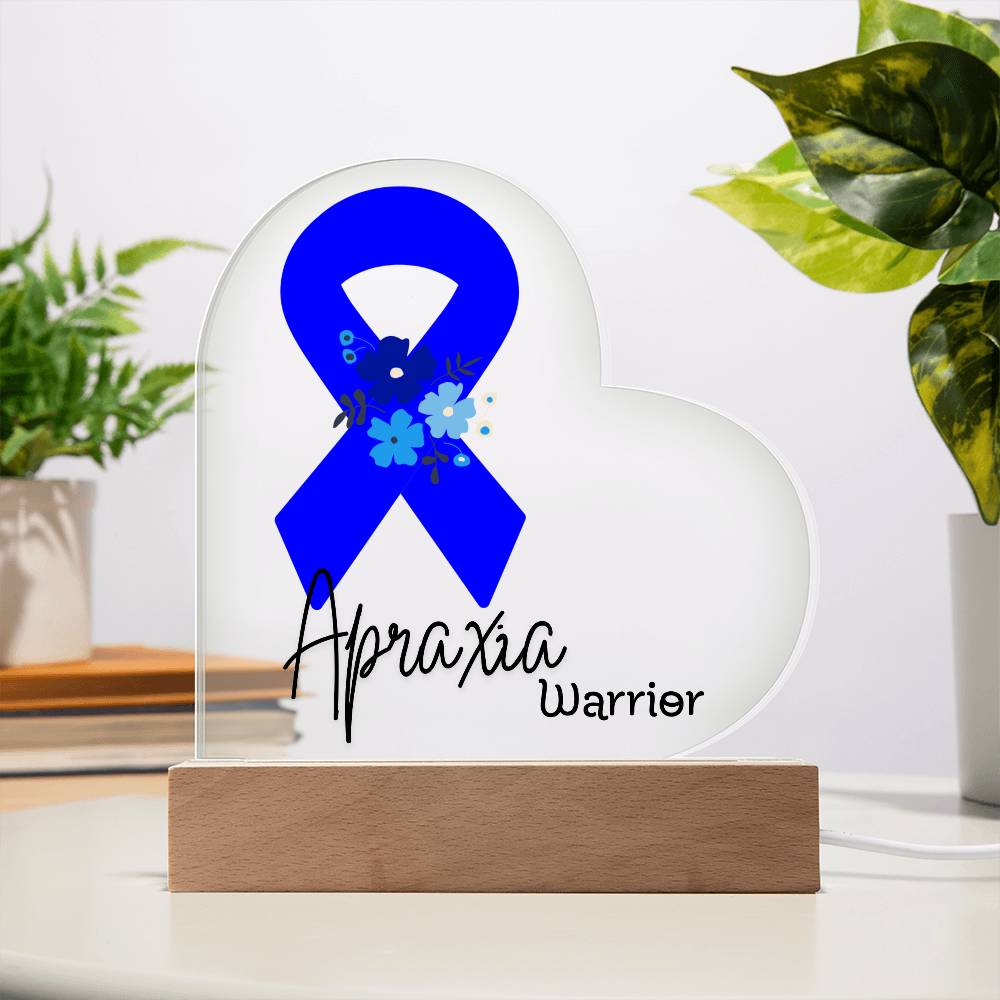 Apraxia Warrior Acrylic Heart Plaque Sign | LED Base | Acrylic Night Light | Light Up Sign | Blue Awareness Ribbon