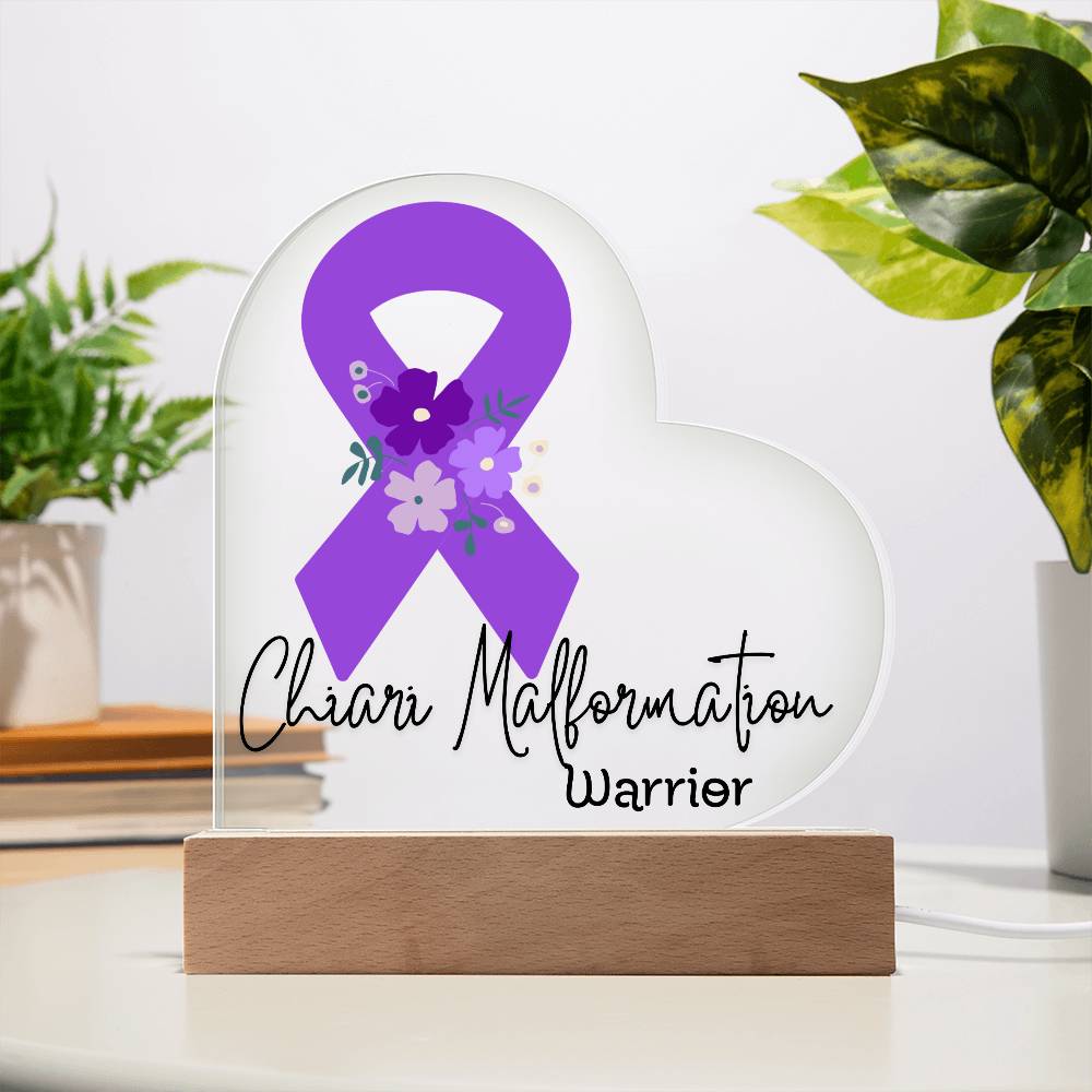 Chiari Malformation Warrior Acrylic Heart Plaque Sign | LED Base | Acrylic Night Light | Light Up Sign | Purple Awareness Ribbon
