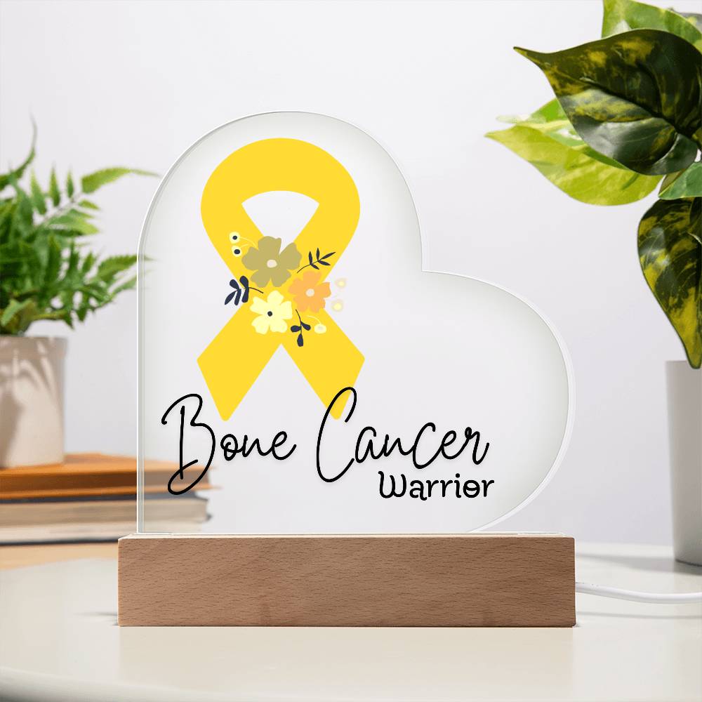 Bone Cancer Warrior Acrylic Heart Plaque Sign | LED Base | Acrylic Night Light | Light Up Sign | Yellow Awareness Ribbon